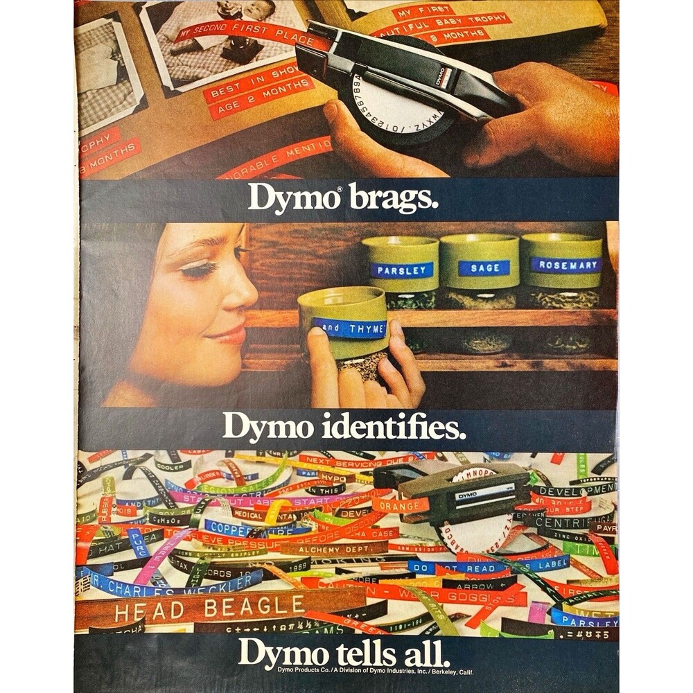 DYMO Label Gun "DYMO Brags Identifies Tells All" Vintage Print Ad 1970